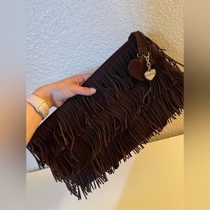 bebe Dark Brown Fringe Clutch with Heart Tags